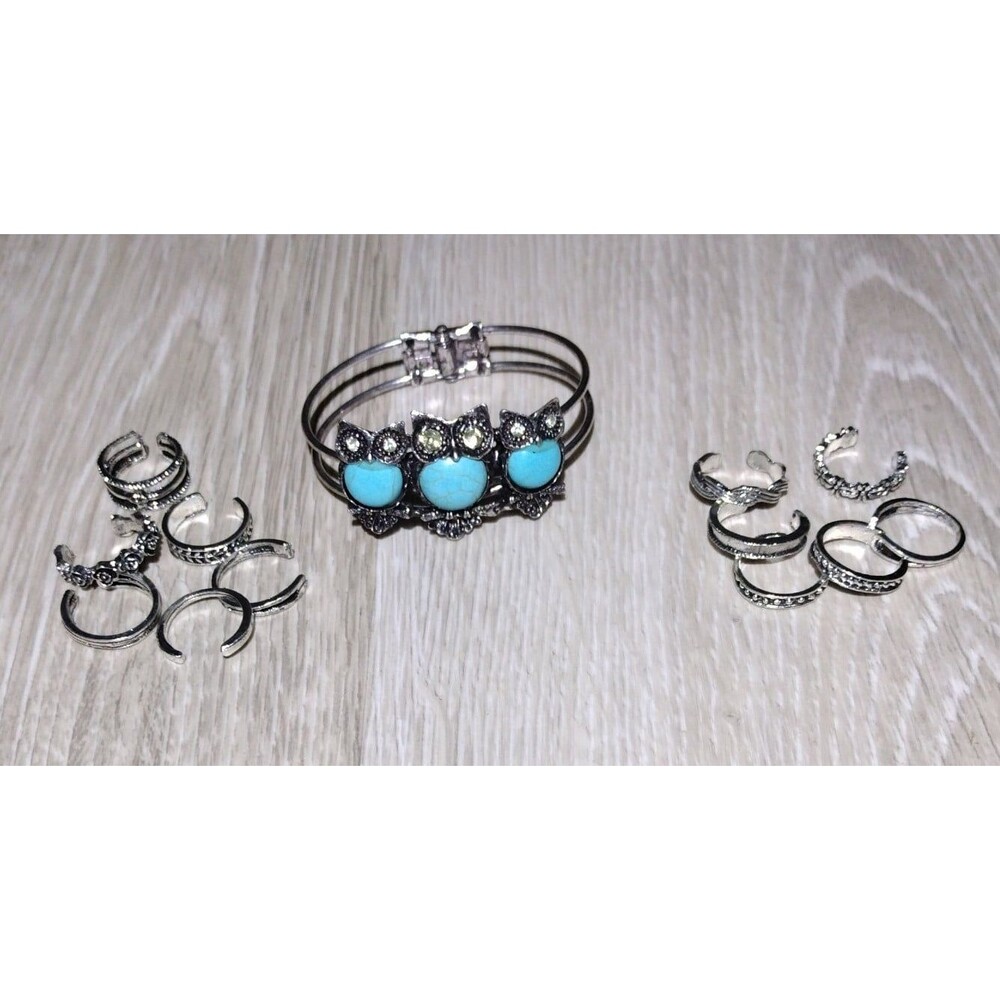 Owl Turquoise Like Bracelet & Adjustable Rings(12) Fingers/Toes